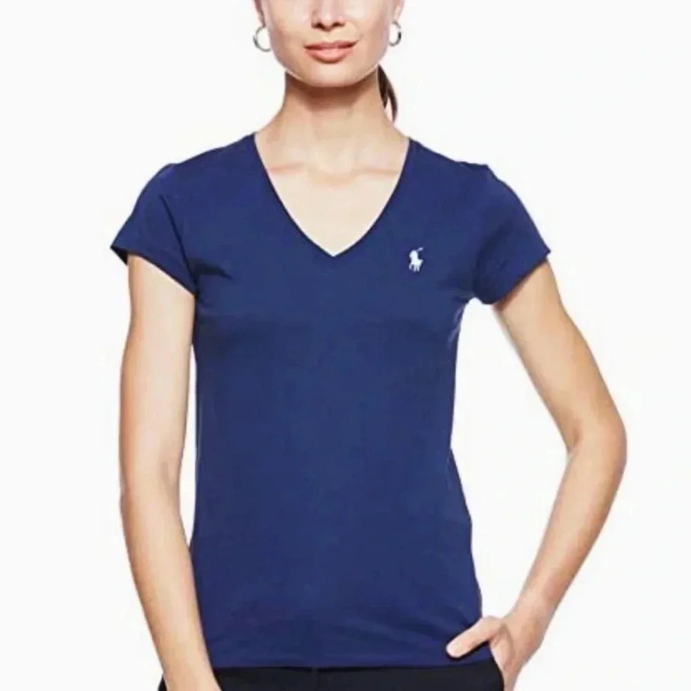 POLO RALPH LAUREN | Women's Navy V-Neck Pony Cotton T-Shirt Size L